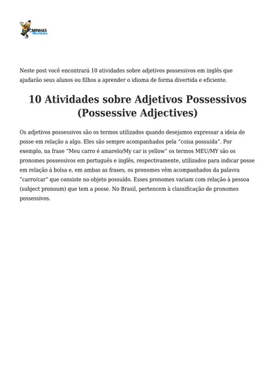 Atividades Sobre Adjetivos Possessivos Possessive Adjectives