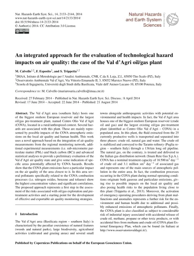 An Integrated Approach For The Evaluation Of Technological Hazard Impacts On Air Quality The Case Of The Val D Agri Oil Gas Plant