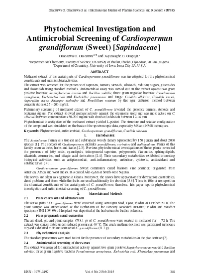 Phytochemical Investigation And Antimicrobial Screening Of Cardiospermun Grandiflorum Sweet Sapindaceae