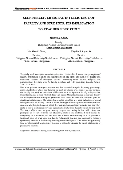 Self Perceived Moral Intelligence Of Faculty And Students Its Implication To Teacher Education