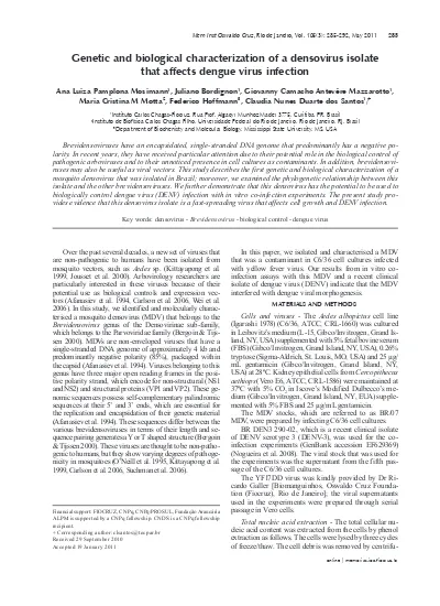 Genetic And Biological Characterization Of A Densovirus Isolate That Affects Dengue Virus Infection