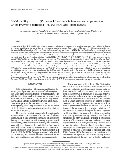 Yield Stability In Maize Zea Mays L And Correlations Among The Parameters Of The Eberhart And Russell Lin And Binns And Huehn Models