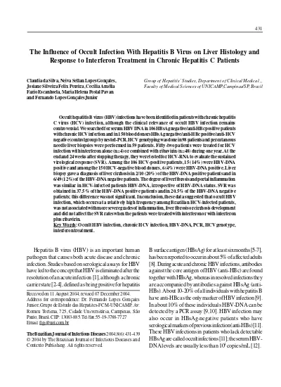 The Influence Of Occult Infection With Hepatitis B Virus On Liver Histology And Response To Interferon Treatment In Chronic Hepatitis C Patients