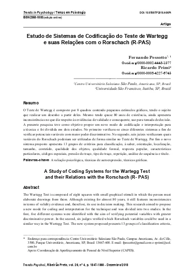 A Study Of Coding Systems For The Wartegg Test And Their Relations With The Rorschach R Pas