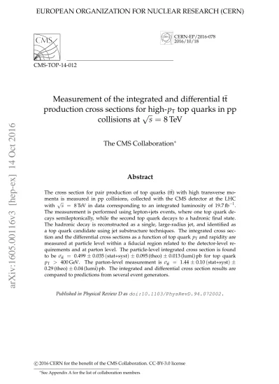 Top Pdf Measurement Of The Integrated And Differential T Bar T Production Cross Sections For High P T Top Quarks In Pp Collisions At Sqrt S 8 Tev 1library Pt